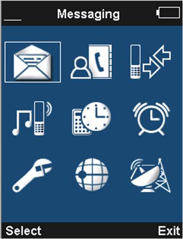 Satellite phone with Icon driven menu.  Satphone - Messages, Contacts, Profiles, Settings, Call Log, Alarm, Network, GPS, Extras